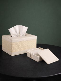 Aarvi Decor - Cream Faux Leather Tissue Box Holder with 6-Piece Coaster