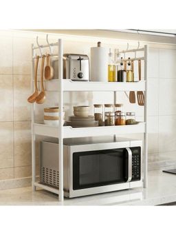 Story@Home - White Plastic & Metal Microwave Storage Rack Kitchen Organizer