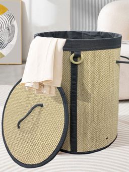 LUXEHOME INTERNATIONAL - Beige Round Bamboo Laundry Basket with Lid