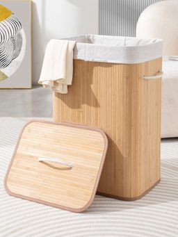 LUXEHOME INTERNATIONAL - Natural Stripes Bamboo Laundry Basket with Lid