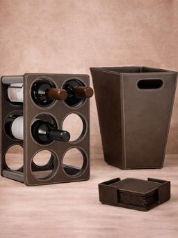 Aarvi Decor - Brown Faux Leather Wine Rack, Dustbin, Coasters (Set of 3)
