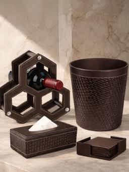 Aarvi Decor - Brown Faux Leather Bar Wine Rack, Tissue Box, Dustbin, Coaster (Set of 4)