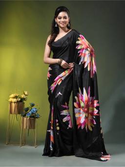 CHARUKRITI - Black Chinon Silk with Vibrant Floral Print Saree