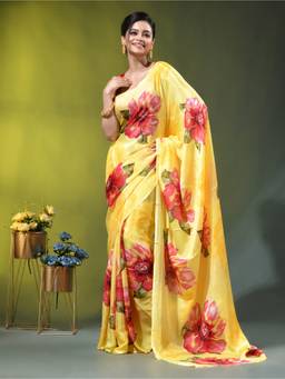CHARUKRITI - Yellow Chinon Silk with Vibrant Floral Print Saree