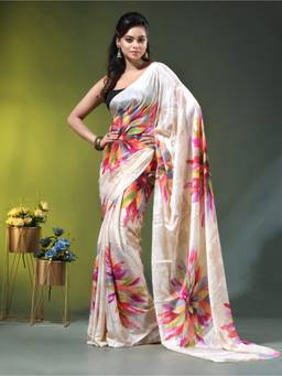 CHARUKRITI - Beige Chinon Silk with Vibrant Floral Print Saree