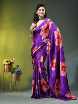 CHARUKRITI - Purple Chinon Silk with Vibrant Floral Print Saree