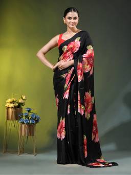 CHARUKRITI - Black Chinon Silk with Vibrant Floral Print Saree