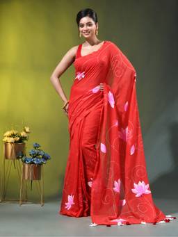 CHARUKRITI - Red Mulmul Cotton with Lotus Bloom Print Saree