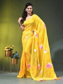 CHARUKRITI - Yellow Mulmul Cotton with Lotus Bloom Print Saree