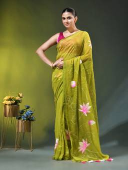 CHARUKRITI - Lime Green Mulmul Cotton with Lotus Bloom Print Saree