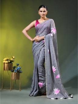 CHARUKRITI - Grey Mulmul Cotton with Lotus Bloom Print Saree