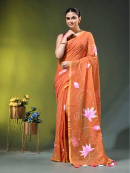 CHARUKRITI - Orange Mulmul Cotton with Lotus Bloom Print Saree