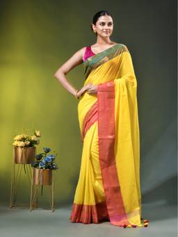 CHARUKRITI - Yellow Mulmul Cotton Ganga Jamuna Zari Border Saree