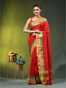 CHARUKRITI - Red Mulmul Cotton Zari Work Saree