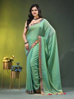 CHARUKRITI - Sky Blue Solid Mulmul Cotton Contrast Border Saree