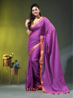 CHARUKRITI - Purple Solid Mulmul Cotton Contrast Border Saree