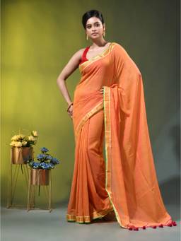 CHARUKRITI - Orange Solid Mulmul Cotton Contrast Border Saree