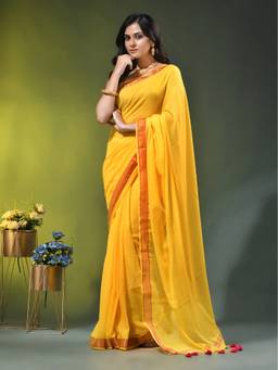 CHARUKRITI - Yellow Solid Mulmul Cotton Contrast Border Saree