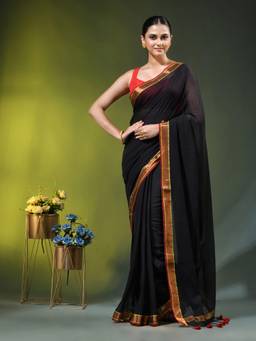 CHARUKRITI - Black Solid Mulmul Cotton Contrast Border Saree