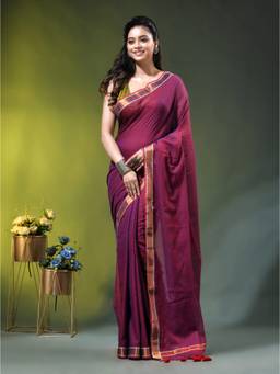 CHARUKRITI - Magenta Solid Mulmul Cotton Contrast Border Saree