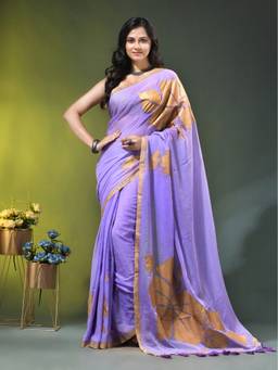 CHARUKRITI - Lilac Mulmul Cotton Golden Hibiscus Foil Print Saree