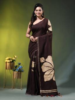 CHARUKRITI - Brown Mulmul Cotton Golden Hibiscus Foil Print Saree