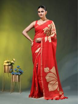CHARUKRITI - Red Mulmul Cotton Golden Hibiscus Foil Print Saree