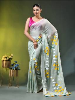 CHARUKRITI - Sage Green Mulmul Painted Floral Motifs Saree