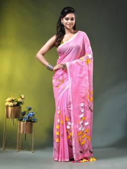 CHARUKRITI - Light Pink Mulmul Painted Floral Motifs Saree