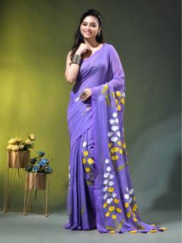 CHARUKRITI - Violet Mulmul Painted Floral Motifs Saree