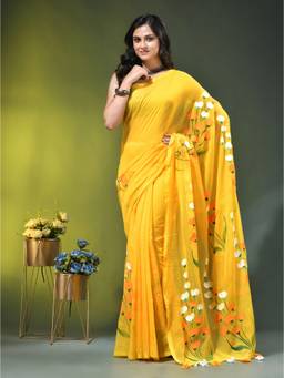CHARUKRITI - Yellow Mulmul Painted Floral Motifs Saree