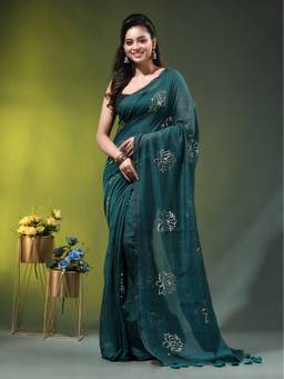 CHARUKRITI - Teal Mulmul Cotton Lotus Sequin Work Saree