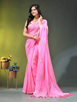 CHARUKRITI - Light Pink Mulmul Cotton Lotus Sequin Work Saree
