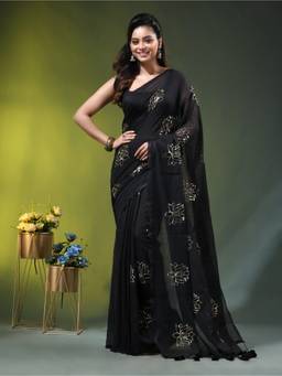 CHARUKRITI - Black Mulmul Cotton Lotus Sequin Work Saree