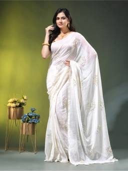 CHARUKRITI - Off White Mulmul Cotton Lotus Sequin Work Saree