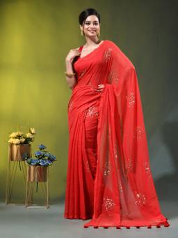CHARUKRITI - Red Mulmul Cotton Lotus Sequin Work Saree