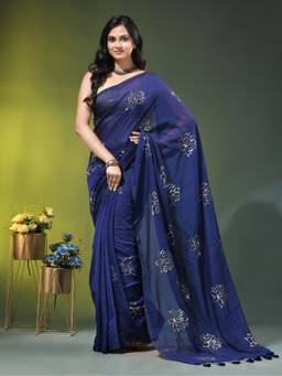 CHARUKRITI - Royal Blue Mulmul Cotton Lotus Sequin Work Saree