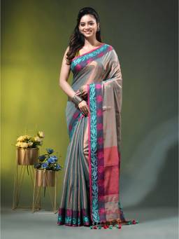 CHARUKRITI - Sea Green Tissue Rose Woven Border Saree