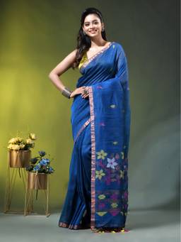CHARUKRITI - Sapphire Blue Linen Floral Woven Pallu Saree