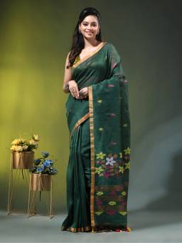 CHARUKRITI - Dark Green Linen Floral Woven Pallu Saree