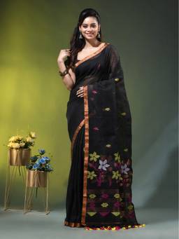 CHARUKRITI - Black Linen Floral Woven Pallu Saree