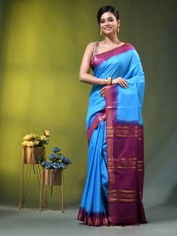 CHARUKRITI - Sky Blue and Purple Silk Zari Border Saree