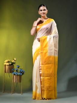 CHARUKRITI - Off White and Yellow Silk Zari Border Saree