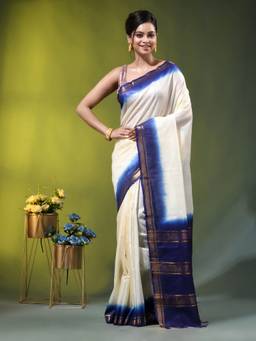 CHARUKRITI - Off White and Blue Silk Zari Border Saree