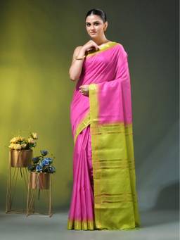 CHARUKRITI - Pink and Green Silk Zari Border Saree