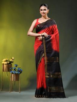 CHARUKRITI - Red and Black Silk Zari Border Saree
