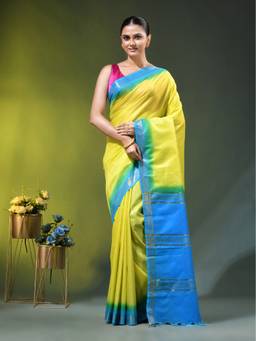 CHARUKRITI - Yellow and Blue Silk Zari Border Saree