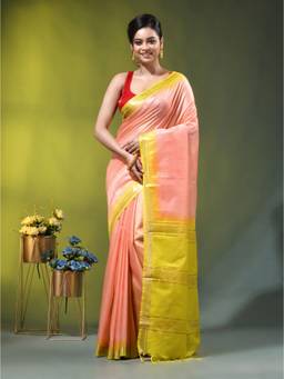 CHARUKRITI - Peach and Lime Yellow Silk Zari Border Saree