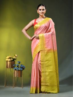 CHARUKRITI - Peach and Lime Yellow Zari Woven Checked Silk Saree