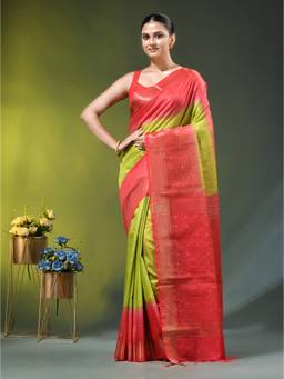 CHARUKRITI - Olive Green and Red Zari Woven Checked Silk Saree